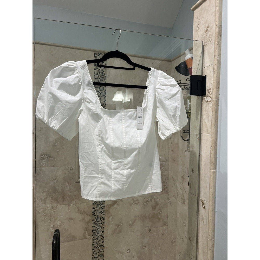 J Crew Square Neck Puff Sleeve Poplin Smocked Top White 4